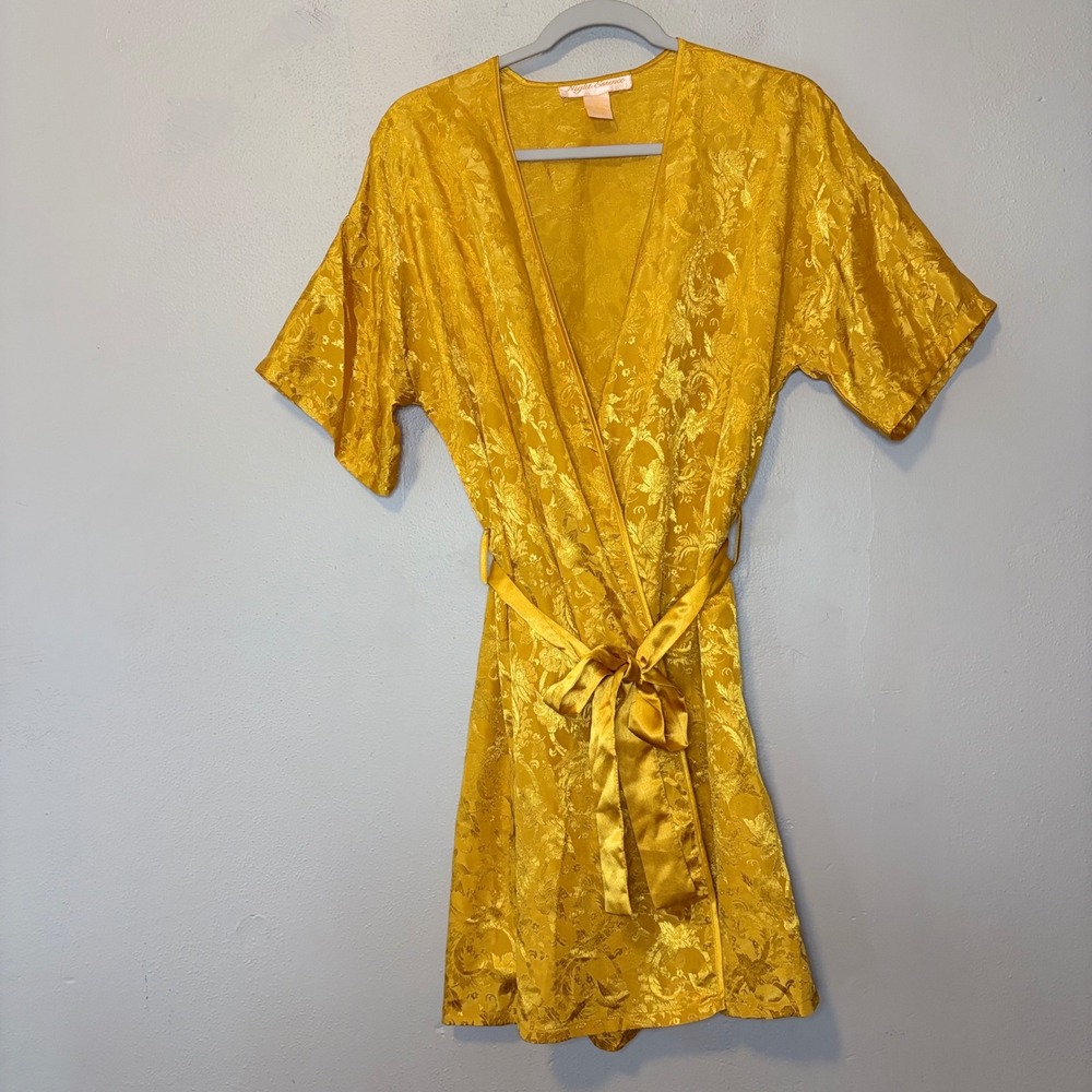 Night Essence Women Gold Floral Damask Satin Short Robe Yellow Large L Wrap Belt